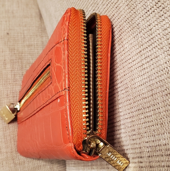 Anne Klein zippered wallet, orange with gold zippers and embellishment lock. - Picture 11 of 15